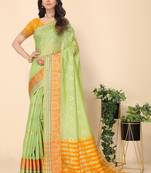 Green Jacquard Cotton Blend Golden Zari Butta Butti Woven Maheshwari Saree With Blouse Piece