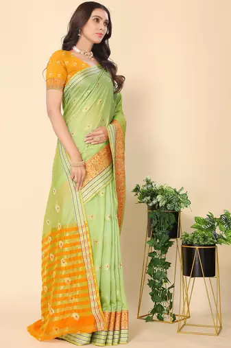 Green Jacquard Cotton Blend Golden Zari Butta Butti Woven Maheshwari Saree With Blouse Piece