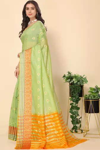 Green Jacquard Cotton Blend Golden Zari Butta Butti Woven Maheshwari Saree With Blouse Piece