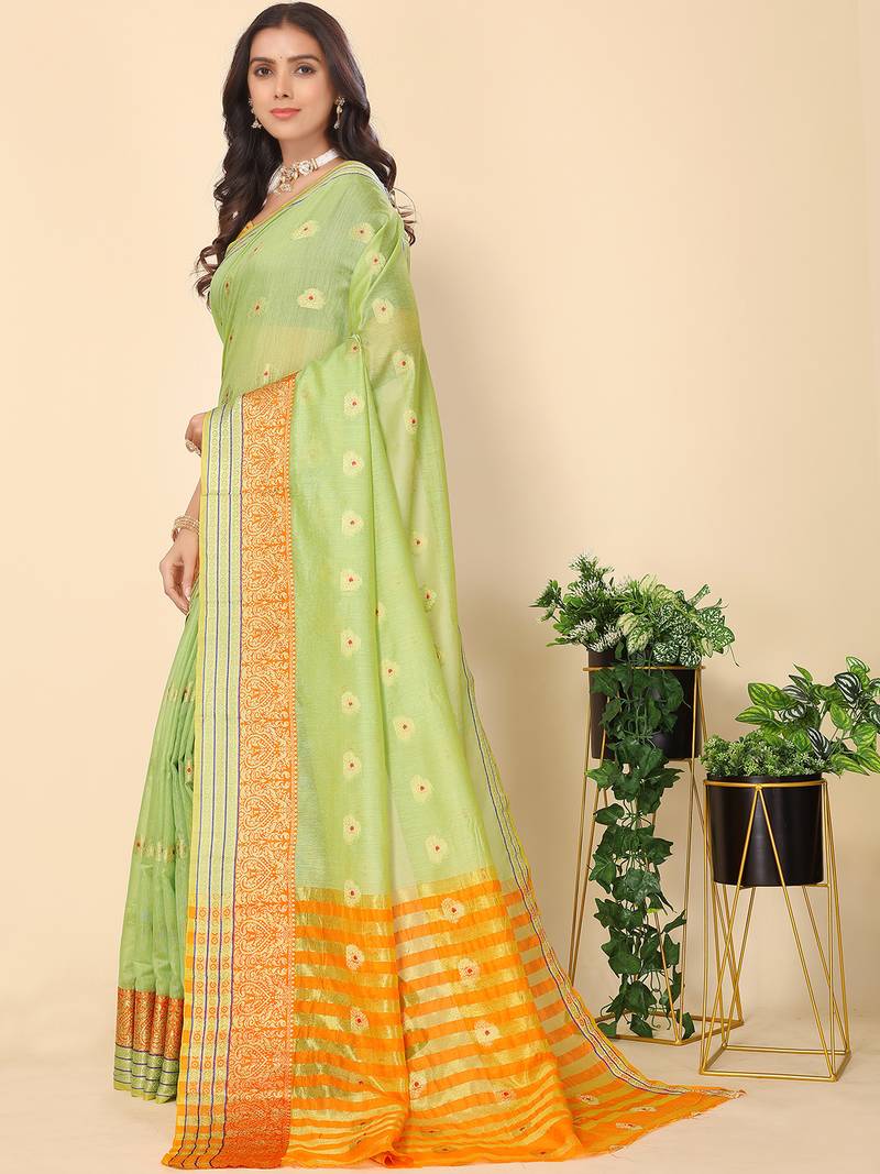Green Jacquard Cotton Blend Golden Zari Butta Butti Woven Maheshwari Saree With Blouse Piece