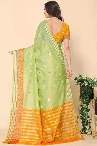Green Jacquard Cotton Blend Golden Zari Butta Butti Woven Maheshwari Saree With Blouse Piece