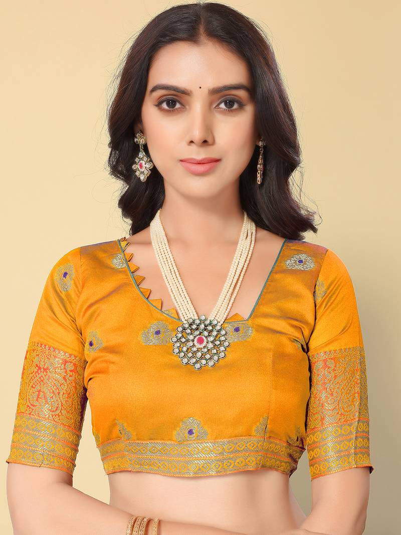 Green Jacquard Cotton Blend Golden Zari Butta Butti Woven Maheshwari Saree With Blouse Piece