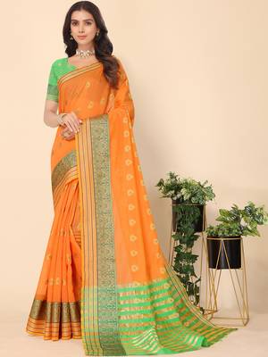 Orange Jacquard Cotton Blend Golden Zari Butta Butti Woven Maheshwari Saree With Blouse Piece 1