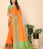 Orange Jacquard Cotton Blend Golden Zari Butta Butti Woven Maheshwari Saree With Blouse Piece