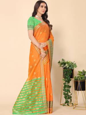 Orange Jacquard Cotton Blend Golden Zari Butta Butti Woven Maheshwari Saree With Blouse Piece 2