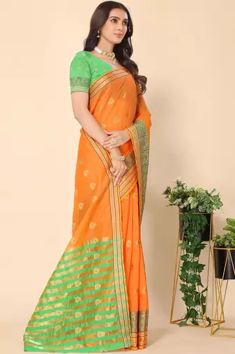 Orange Jacquard Cotton Blend Golden Zari Butta Butti Woven Maheshwari Saree With Blouse Piece