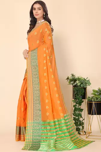 Orange Jacquard Cotton Blend Golden Zari Butta Butti Woven Maheshwari Saree With Blouse Piece