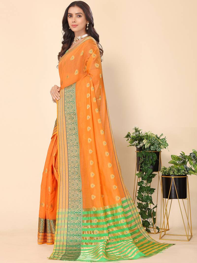 Orange Jacquard Cotton Blend Golden Zari Butta Butti Woven Maheshwari Saree With Blouse Piece