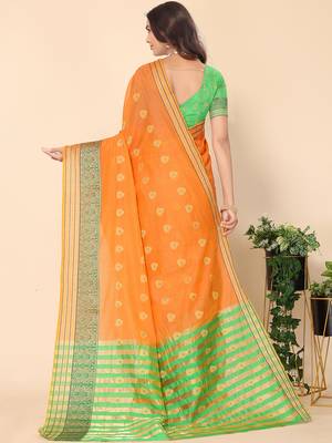 Orange Jacquard Cotton Blend Golden Zari Butta Butti Woven Maheshwari Saree With Blouse Piece 4