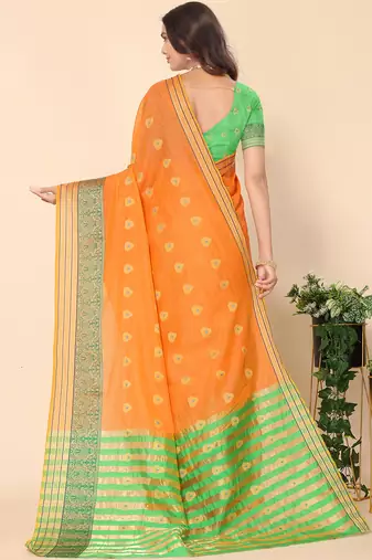 Orange Jacquard Cotton Blend Golden Zari Butta Butti Woven Maheshwari Saree With Blouse Piece