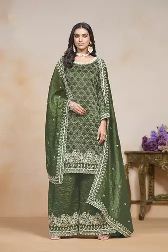 Dark green embroidered and sequins work salwar kameez