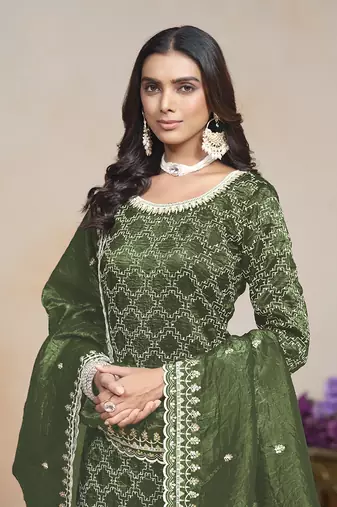 Dark green embroidered and sequins work salwar kameez