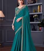 Turquoise embroidered chiffon contemporary saree