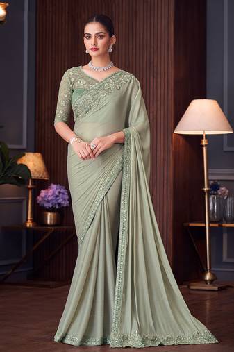Silk Blend pista green embroidered designer saree