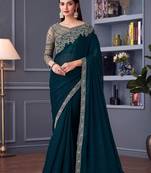 Embroidered georgette trendy saree in dark teal