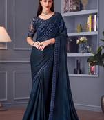Sequins embroidered silk Blend saree in navy blue