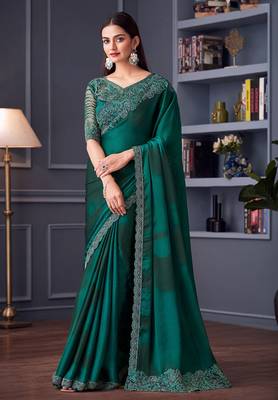 Embroidered dark teal faux chiffon saree 1