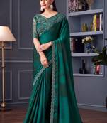 Embroidered dark teal chiffon designer saree