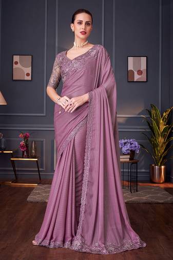 Embroidered sequins shimmer silk Blend lilac ceremonial saree