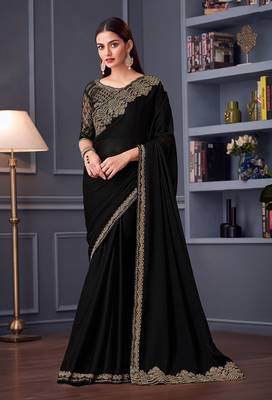 Embroidered faux chiffon black saree 1