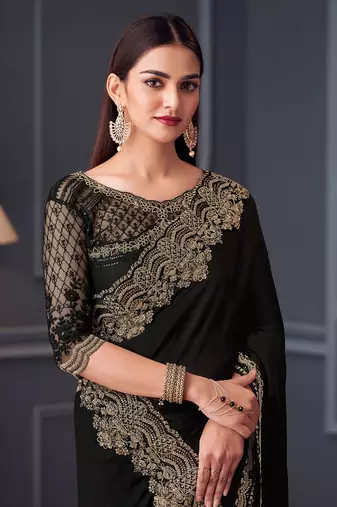 Embroidered faux chiffon black saree