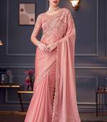 Embroidered chiffon silk contemporary saree in peach