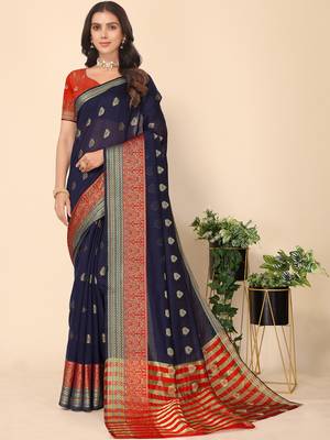 Navy Blue Jacquard Cotton Blend Golden Zari Butta Butti Woven Maheshwari Saree With Blouse Piece 1