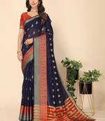 Navy Blue Jacquard Cotton Blend Golden Zari Butta Butti Woven Maheshwari Saree With Blouse Piece