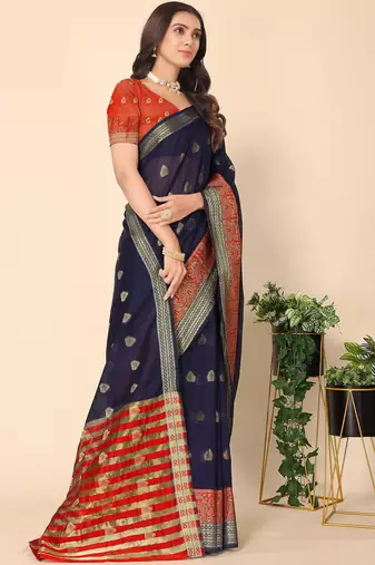 Navy Blue Jacquard Cotton Blend Golden Zari Butta Butti Woven Maheshwari Saree With Blouse Piece