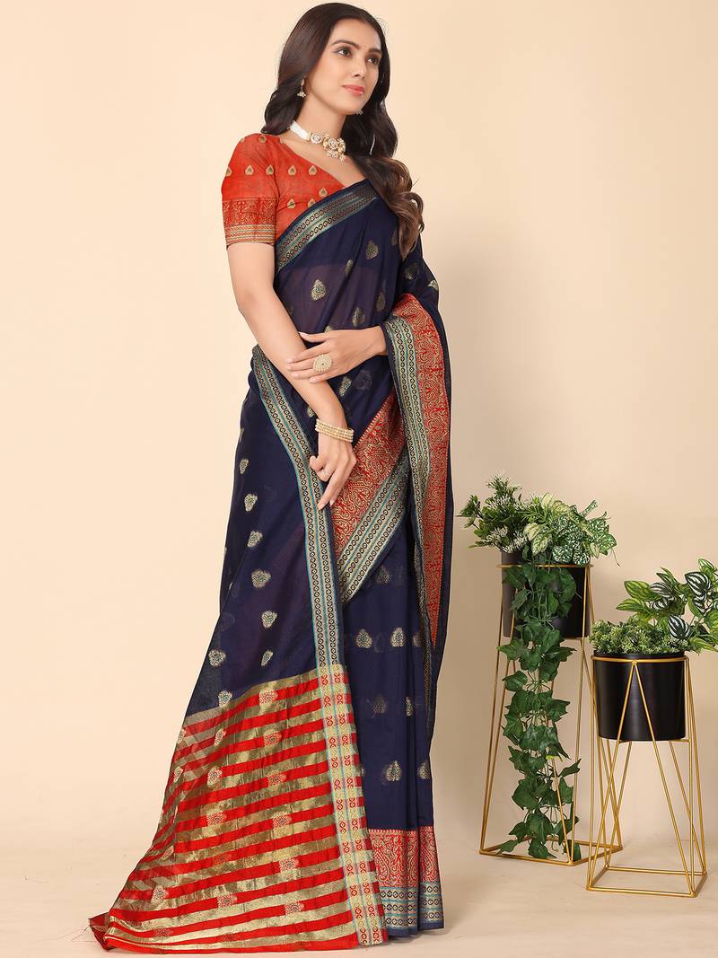 Navy Blue Jacquard Cotton Blend Golden Zari Butta Butti Woven Maheshwari Saree With Blouse Piece