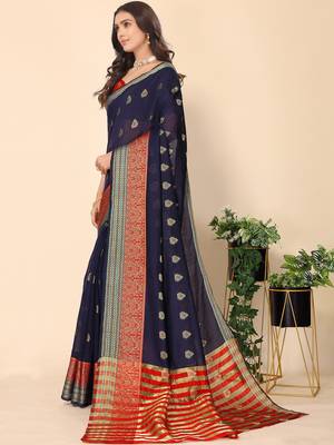 Navy Blue Jacquard Cotton Blend Golden Zari Butta Butti Woven Maheshwari Saree With Blouse Piece 3