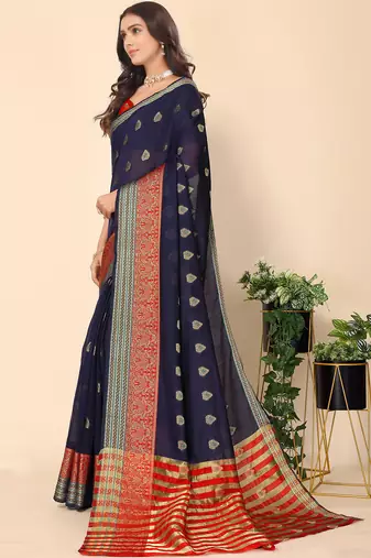 Navy Blue Jacquard Cotton Blend Golden Zari Butta Butti Woven Maheshwari Saree With Blouse Piece