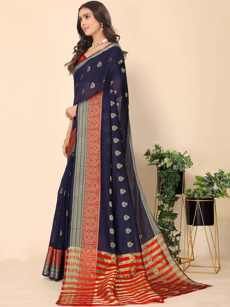 Navy Blue Jacquard Cotton Blend Golden Zari Butta Butti Woven Maheshwari Saree With Blouse Piece