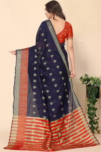 Navy Blue Jacquard Cotton Blend Golden Zari Butta Butti Woven Maheshwari Saree With Blouse Piece