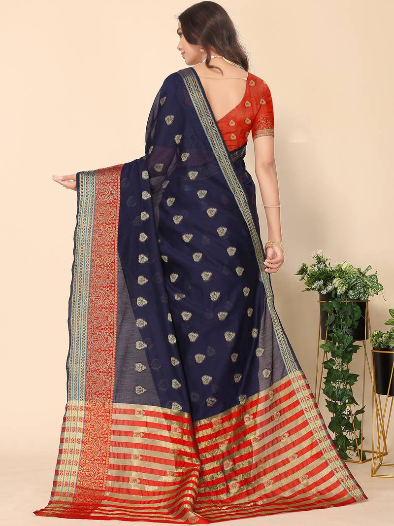 Navy Blue Jacquard Cotton Blend Golden Zari Butta Butti Woven Maheshwari Saree With Blouse Piece