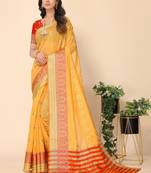 Yellow Jacquard Cotton Blend Golden Zari Butta Butti Woven Maheshwari Saree With Blouse Piece