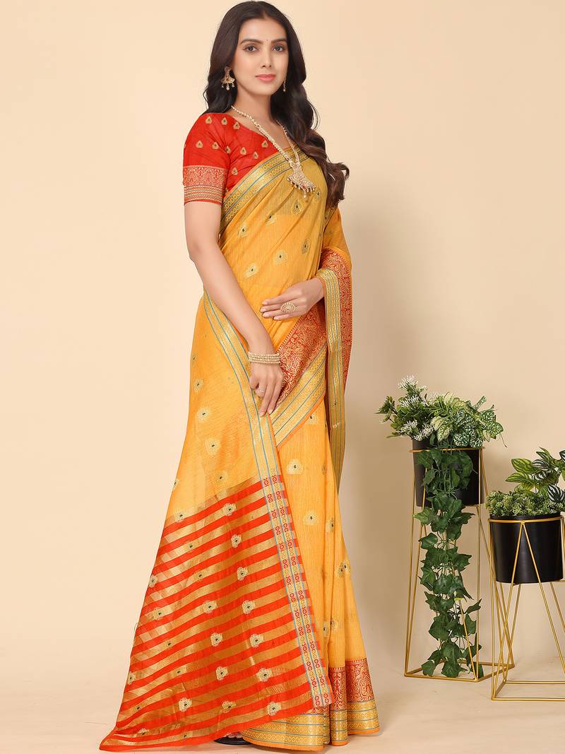 Yellow Jacquard Cotton Blend Golden Zari Butta Butti Woven Maheshwari Saree With Blouse Piece
