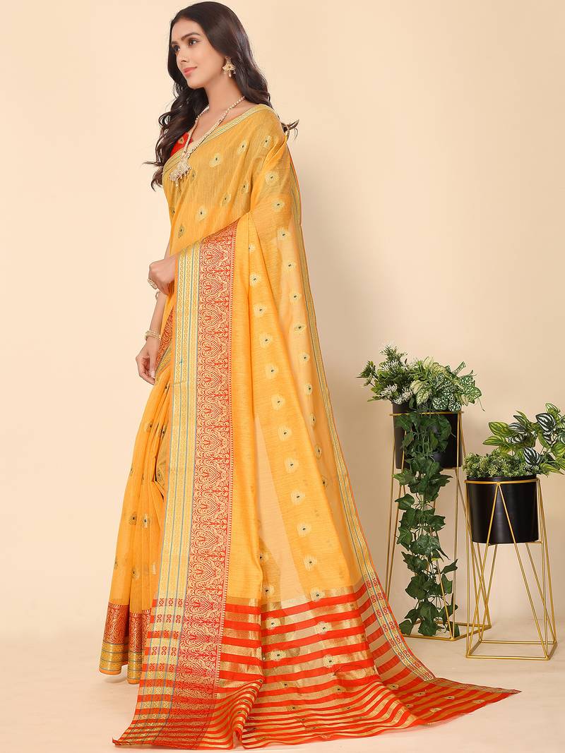Yellow Jacquard Cotton Blend Golden Zari Butta Butti Woven Maheshwari Saree With Blouse Piece