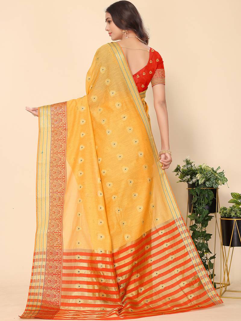 Yellow Jacquard Cotton Blend Golden Zari Butta Butti Woven Maheshwari Saree With Blouse Piece