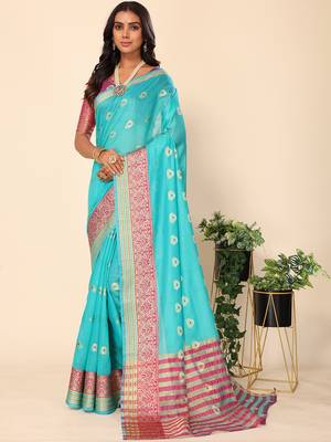 Ocean Green Jacquard Cotton Blend Golden Zari Butta Butti Woven Maheshwari Saree With Blouse Piece 1