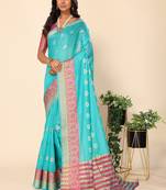 Ocean Green Jacquard Cotton Blend Golden Zari Butta Butti Woven Maheshwari Saree With Blouse Piece