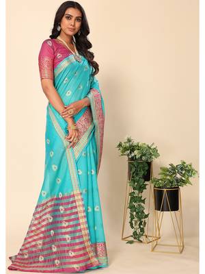 Ocean Green Jacquard Cotton Blend Golden Zari Butta Butti Woven Maheshwari Saree With Blouse Piece 2
