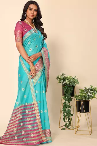 Ocean Green Jacquard Cotton Blend Golden Zari Butta Butti Woven Maheshwari Saree With Blouse Piece