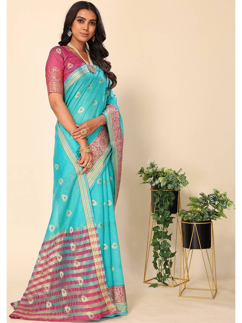 Ocean Green Jacquard Cotton Blend Golden Zari Butta Butti Woven Maheshwari Saree With Blouse Piece