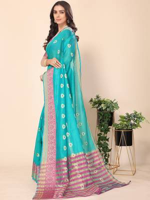 Ocean Green Jacquard Cotton Blend Golden Zari Butta Butti Woven Maheshwari Saree With Blouse Piece 3