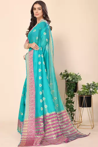 Ocean Green Jacquard Cotton Blend Golden Zari Butta Butti Woven Maheshwari Saree With Blouse Piece