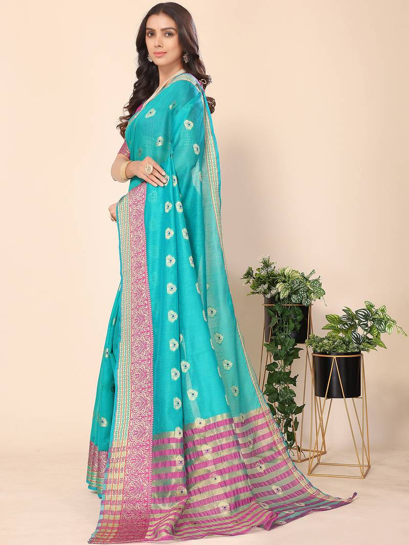 Ocean Green Jacquard Cotton Blend Golden Zari Butta Butti Woven Maheshwari Saree With Blouse Piece