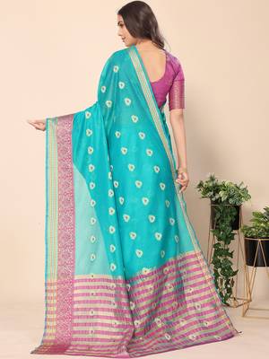 Ocean Green Jacquard Cotton Blend Golden Zari Butta Butti Woven Maheshwari Saree With Blouse Piece 4