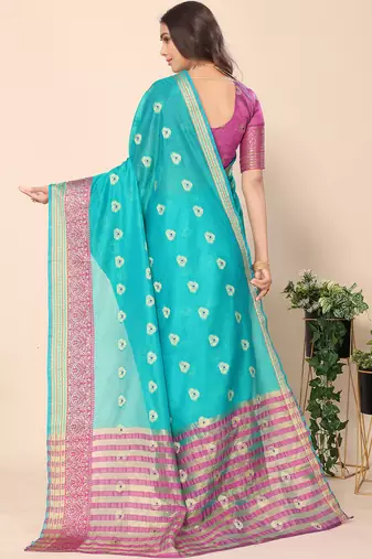 Ocean Green Jacquard Cotton Blend Golden Zari Butta Butti Woven Maheshwari Saree With Blouse Piece