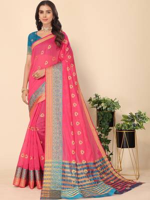 Pink Jacquard Cotton Blend Golden Zari Butta Butti Woven Maheshwari Saree With Blouse Piece 1